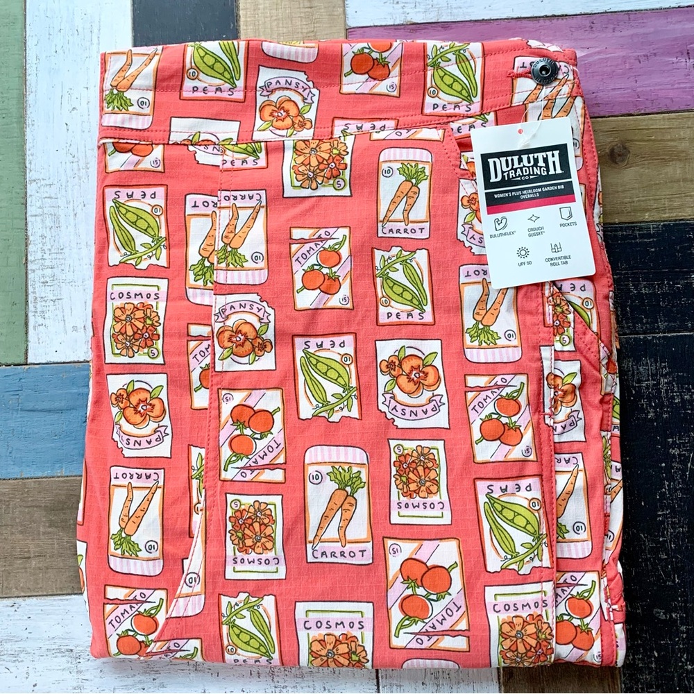 NWT Duluth 2X x31L Heirloom Gardening Bib Overalls Coral Seed Packets Farm Bibs - Picture 7 of 9